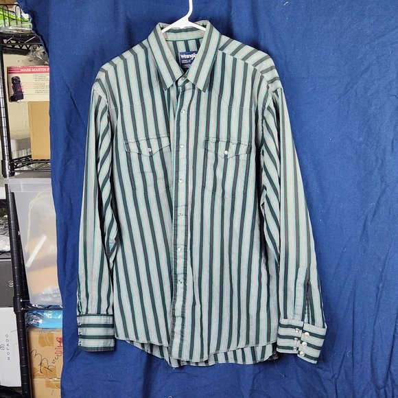 Wrangler Other - Wrangler Cowboy Cut Teal Black and Grey Striped Long Sleeve Xlong Tails 17.5x36